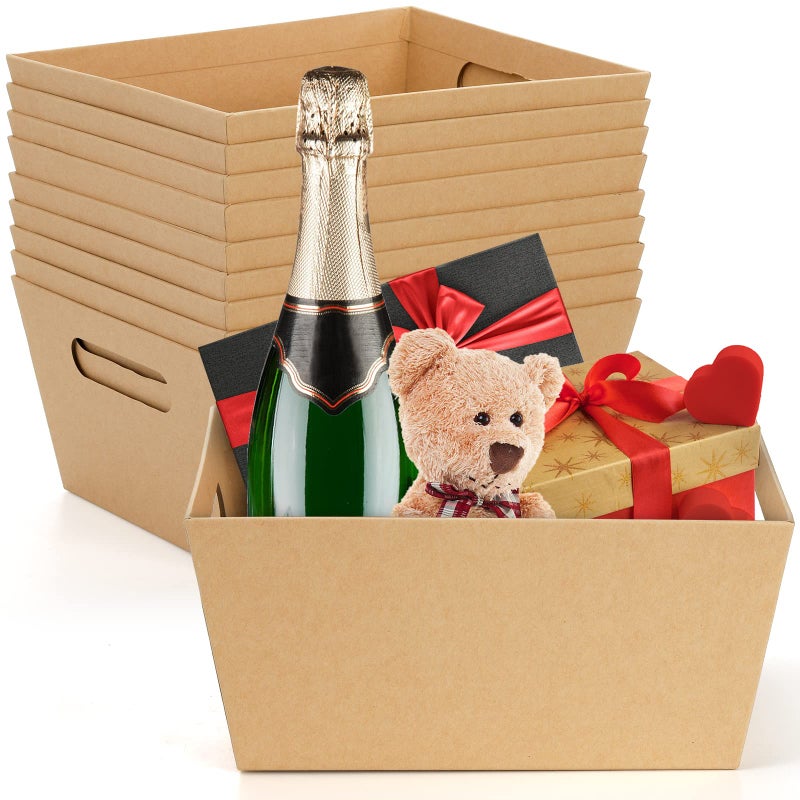 DEAYOU 10 Pack Gift Basket Empty 10 x 8 Kraft Basket With Handle 5 LB Cardboard Gift Baskets Market Tray Large Brown Paper Baskets Holder Container for Wine DIY Food Snacks Crafts Easter